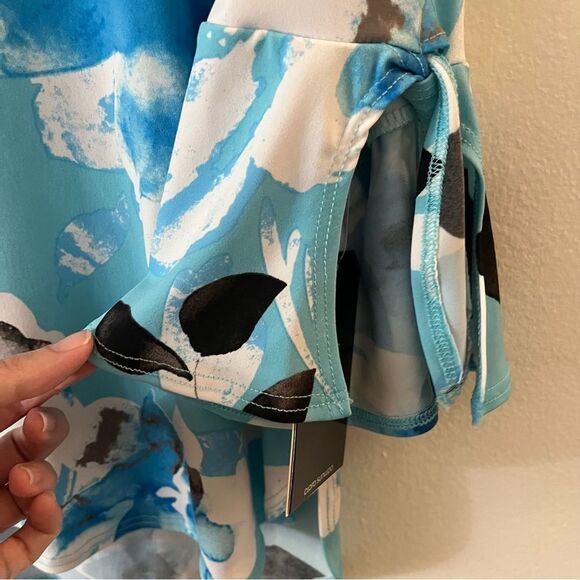 Clara Sunwoo Floral Print Tie Cuff Top Vibrant Blue Lightweight Sz Medium NWT - Picture 9 of 16